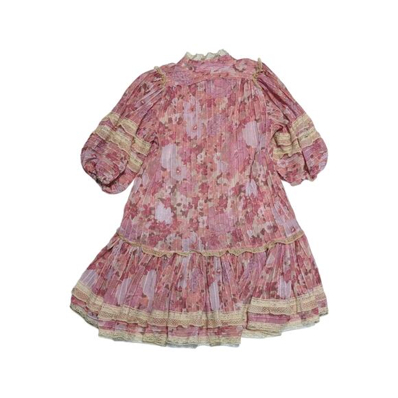Beulah Pink Lace Ruffle Mini Dress Puff Sleeve Coquette Kawaii Womens Small - Picture 2 of 7